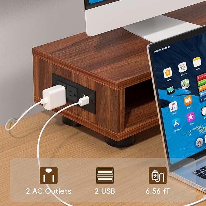 Artswish Dual Monitor Riser with Power Outlet, 42 Inch Wood Monitor Stand for 2 Monitors with Drawer Storage, Computer Monitor Stand Riser with Adjustable Feet, Double Monitor Stand Desk Shelf, Walnut