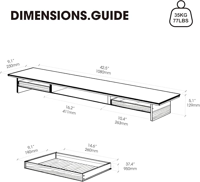Fenge Acrylic Monitor Stand, 2 Tier Dual Monitor Riser with Solid Wood Drawers, 42.5 Inch Computer Stand for Two 27 Inch Monitors, Desk Shelf for PC, Laptop, Printer, TV, White