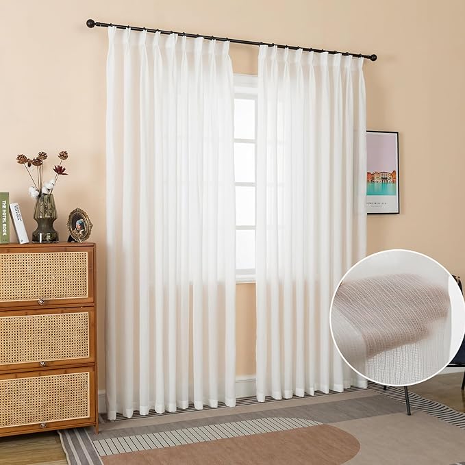 102 Inches Long Pinch Pleated Curtains White Semi Sheer Light Filtering Window Curtains for Living Room Bedroom 1 Panel Sliding Glass Door for Pinch Pleat Drapes, W52 x L102