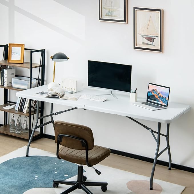 S AFSTAR 6FT Plastic Folding Tables, Indoor Outdoor Heavy Duty Camping Table with Carry Handle, 330 LBS Load Capacity, Easy Fold Up Rectangle Table for Picnic Camping Beach BBQ, No Assembly, White