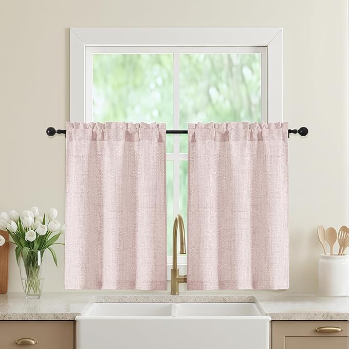 Blush Pink Kitchen Curtains 36 Inch Length 2 Panels, Light Filtering Farmhouse Faux Linen Textured Short Curtains for Windows, Small Curtain Tier for Cafe Cabinet Bathroom RV Camper, 30Wx36L
