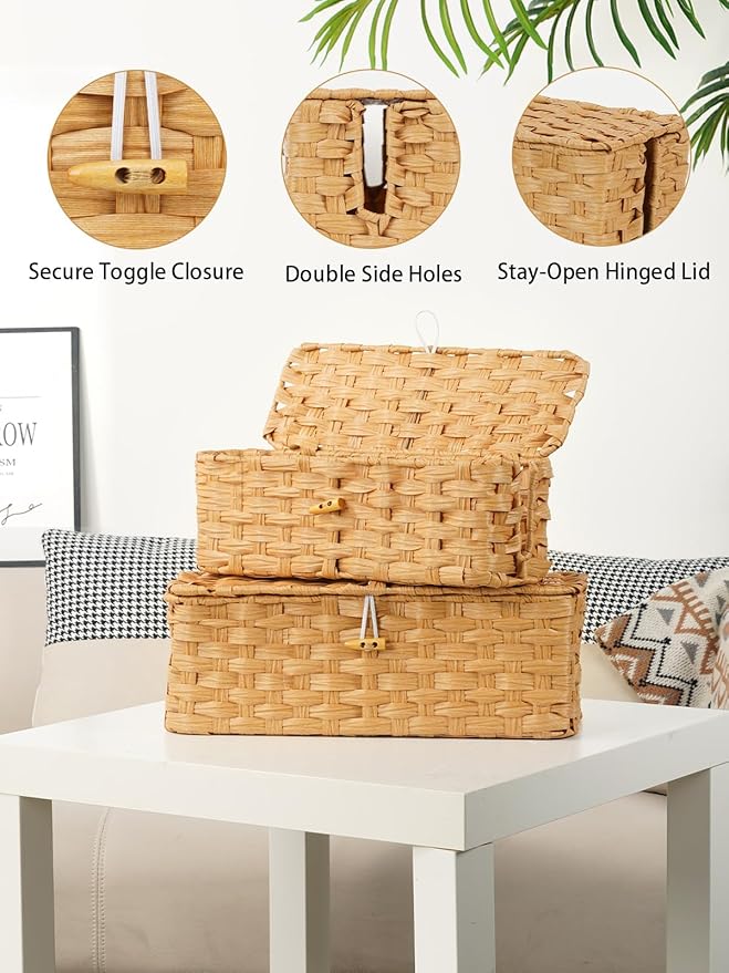 Temary Cable Management Box with Lids, 2-Pack Handmade Cable Organizer Boxes for Home, Office to Hide Cords and Power Strip, Cord Cover Floor Hider Set Woven Rattan Cable Organizer Box