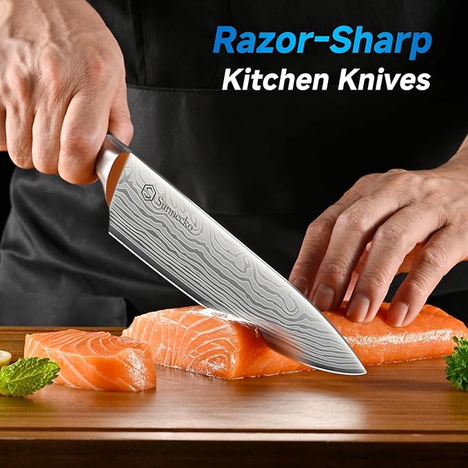 Sunnecko Knife Set with Block and Sharpener, 15 PCS Kitchen Knife Block Set Sharp Kitchen Knives High Carbon Stainless Steel with Black Handles