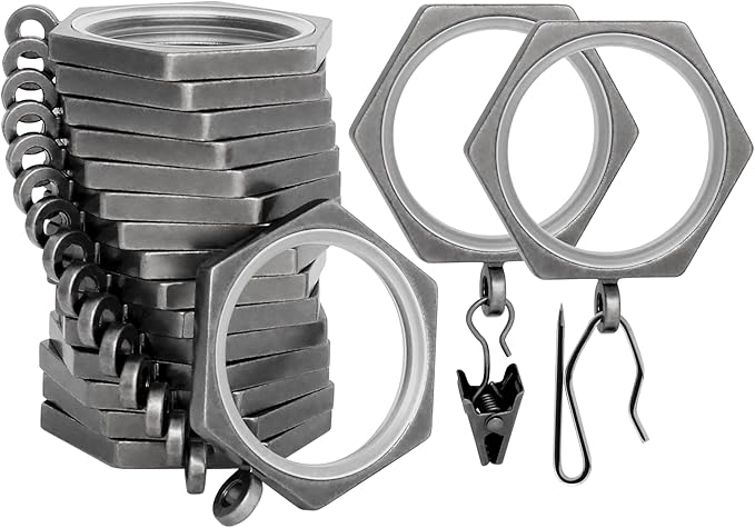 BlastHome® Luxury Curtain Rings - Premium Metal with Quiet, Smooth Nylon Inserts - Pinhooks and Clips Included - 1 1/2" Inside Diameter - 18 Rings for Two Standard Curtains - Gunmetal/Pewter