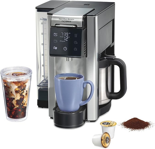Hamilton Beach FlexBrew Advanced 5-in-1 Thermal Programmable 12 Cup Drip and Single Serve Hot & Iced Coffee Maker, Movable 60oz. Water Reservoir, Use Pod Packs and Grounds, Fast Brewing, Black (49929)
