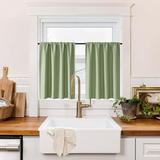 RYB HOME 100% Blackout Bathroom Curtains Over Sink 24 inches Long, Heat & UV Blocking Total Room Darkening Noise Reducing Curtains for Basement RV Campers, Sage Green, 2 Panels Set