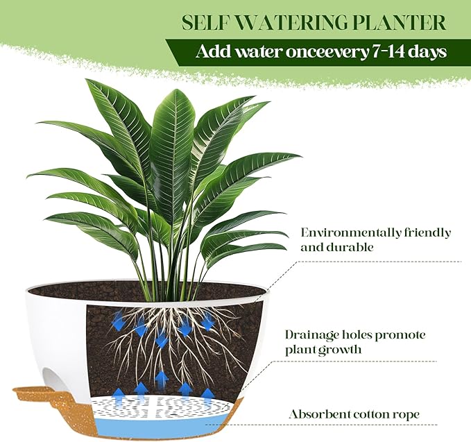 10 Inch Hanging Planters with Chains 2 Pack Self Watering White Brown Plastic Hanging Pots for Indoor Outdoor Plants, Garden Porch Home Decor (White Brown)