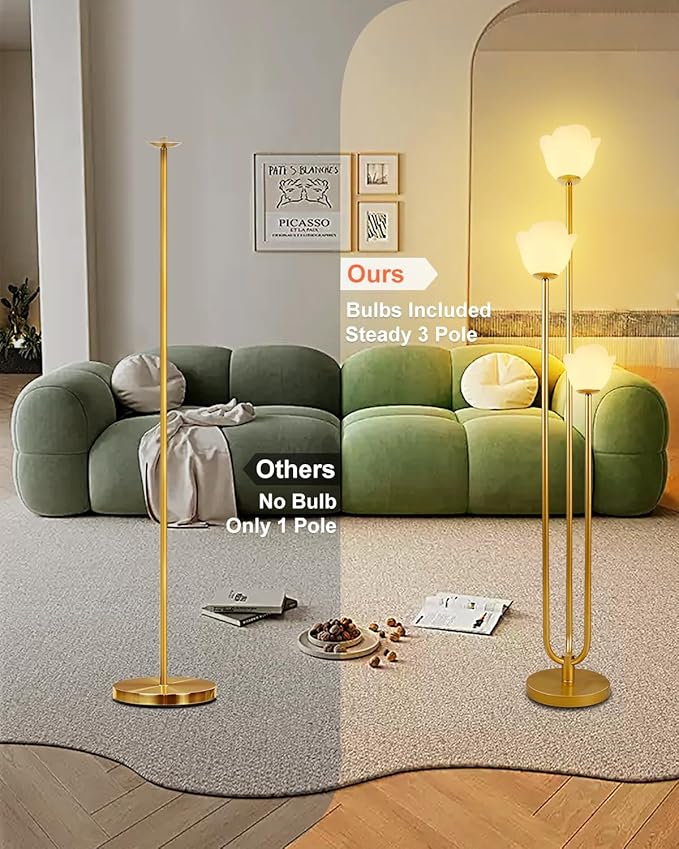 Lightdot 63IN Floral Floor Lamp 3-Lights Flower LED Floor Lamps with 3000K Warm White Bulbs with Candle Holder Style for Wedding Party Modern Gold Tall Floor Lamp for Living Room/Bedroom