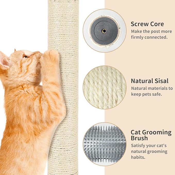 Fhiny 2PCS Cat Scratching Post Replacement, 15.7inch M8 Natural Sisal Cat Scratch Post with Cat Self Groomer Refill Pole Parts Kitten Climbing Furniture Protector Hemp Rope Scratcher for Spare White