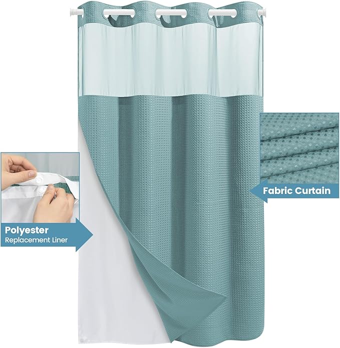 Teal Stall No Hook Shower Curtain with Snap in Liner,230GSM Waffle Weave Shower Curtains for Bathroom,54W x 80H