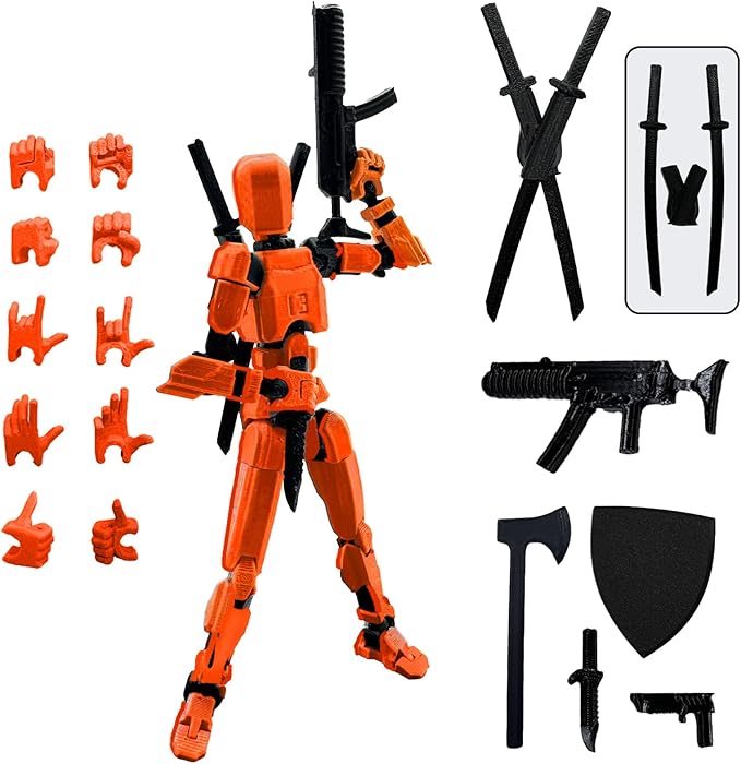 (Assembly Completed) 3D Printed Figure 5.54-inch Dummy13 with Weapon Expansion Set, Full Body Mechanical Movable Toy, Desk Decoration. (Orange)