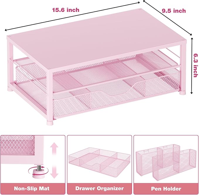 Desk Organizers and Accessories, 2-Tier Computer Monitor Stand Riser with Drawer and 2 Pen Holders, Laptop Stand, Office Desk Accessories & Office Decor for Women, Pink