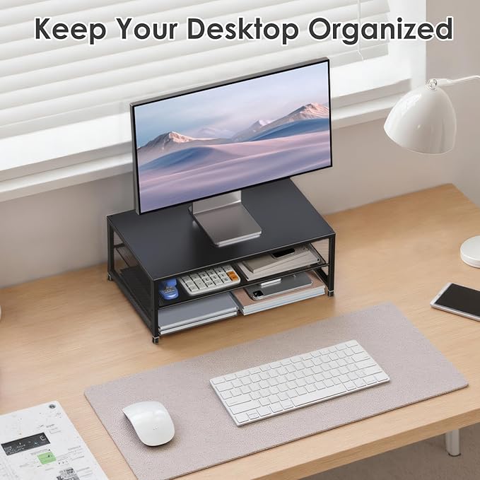 Desk Organizers and Accessories, 2-Tier Metal Computer Monitor Stand Riser, Desk Organizer for Monitor, Printer & Laptop Stand, Desktop Workspace Organizers for Office Supplies(Black)