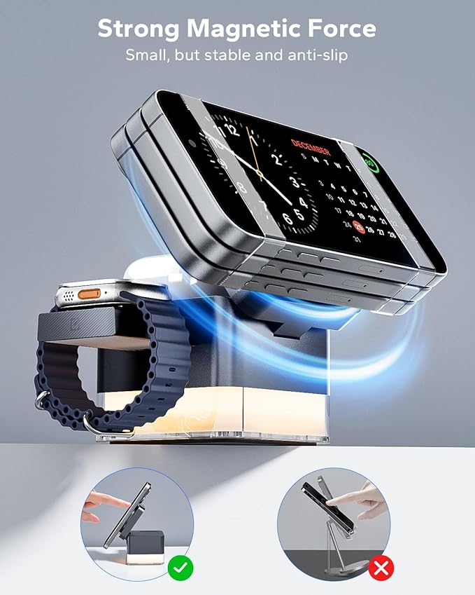 KPON for iPhone Nightstand Charging Station,15W 3 in 1 Wireless Phone Charger Stand with Night Lamp, Travel Foldable Magnetic Cube Magsafe Dock for iPhone 17 16 15 14 13 12 Series/Apple Watch/Airpods
