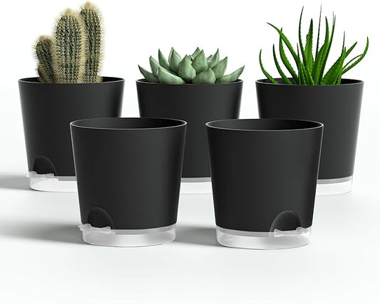 4 Inch 5 Pack Small Self Watering Pots for Indoor Plants, Nursery Pot with Drainage Holes and Saucers, Plastic Small Flower Planter for Succulent, Aloe, Cacti and More(Black)
