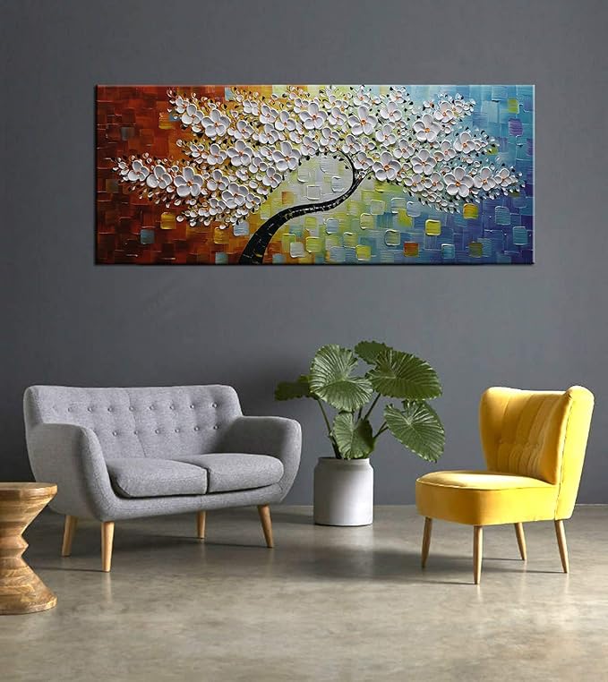 YaSheng Art -100% Hand Painted Contemporary Art 3D Whit Flowers Oil Painting On Canvas Texture Palette Knife Tree Paintings Modern Home living room Decor Art Large Abstract Canvas Art 24x60inch