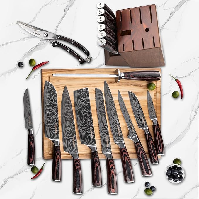 17-Piece Master Chef Knife Block Set – Damascus Steel & Acacia Wood Block