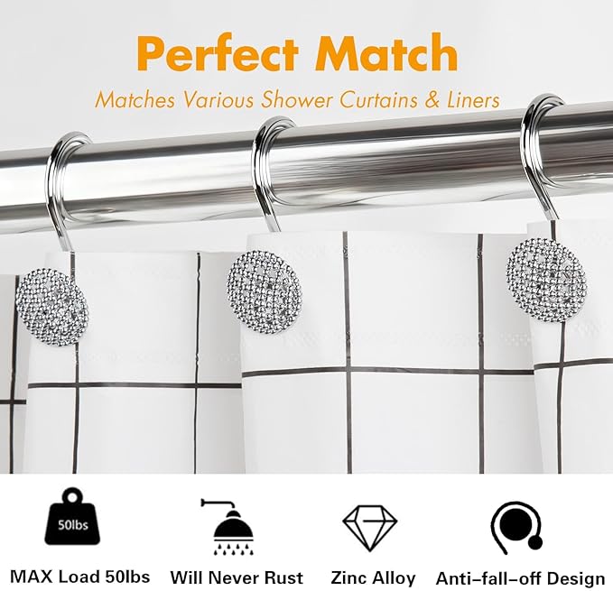 Pearlbee Chrome Shower Curtain Hooks, Silver Shower Curtain Rings Hooks, Rust Proof Shower Curtain Hooks, Bathroom Shower Hooks for Curtain, Metal Shower Hooks for Shower Curtain Rod