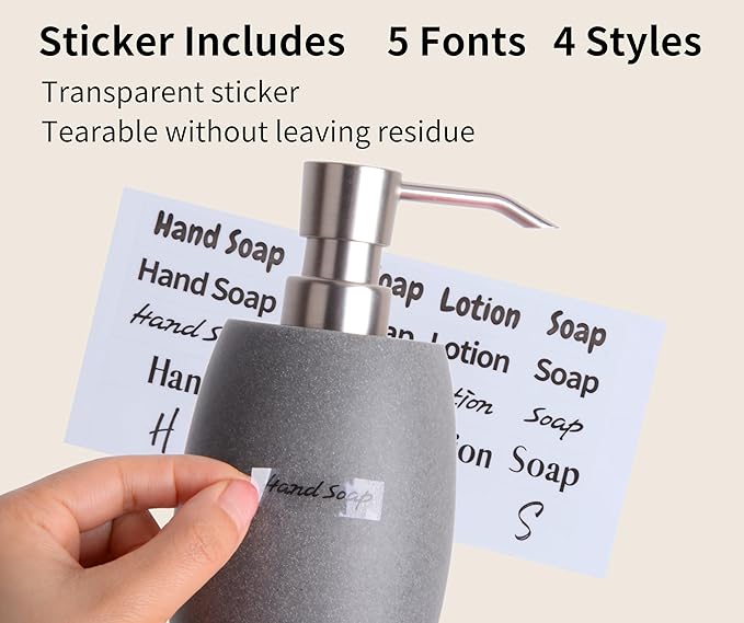 Sandstone Textured Resin Soap Dispenser with Metallic Pump and Waterproof Bottle Labels for Bathroom Kitchen Dish Hand Wash Shower Lotion Shampoo, 12 Oz, 2 Sets Gray