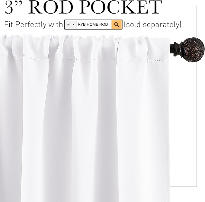 RYB HOME Window Curtains for Kitchen - Room Darkening Privacy Thermal Insulated Drapes for Bedroom Bathroom Basement, Wide 52 x Long 36, Pure White, Set of 2