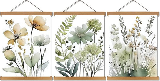 Hanging Botanical flowers Wall Art Set of 3, Watercolor Sage Botanical Plant Floral Canvas Prints Wall Decor, Boho Minimalist Poster Print Artwork for Living Room Bedroom Bathroom Home Decor 12x16In