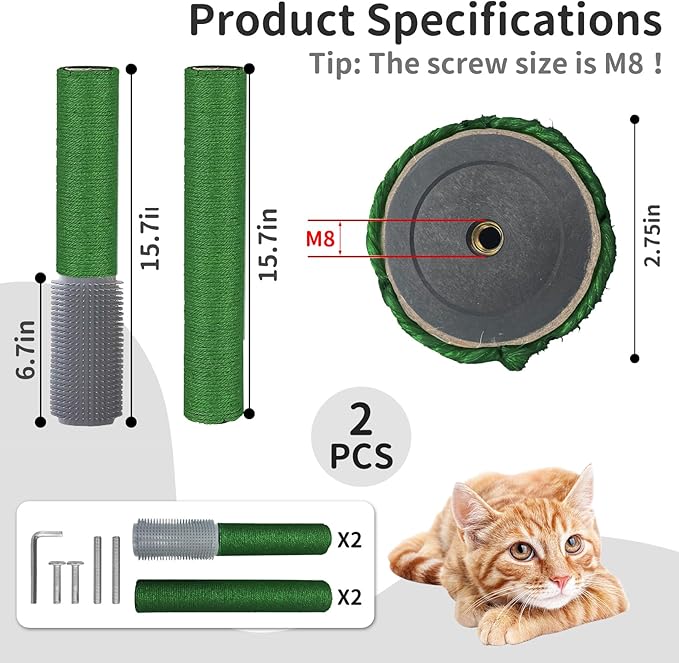 Fhiny 2PCS Cat Scratching Post Replacement, 15.7inch M8 Natural Sisal Cat Scratch Post with Cat Self Groomer Refill Pole Parts Kitten Climbing Furniture Protector Hemp Rope Scratcher for Spare Green