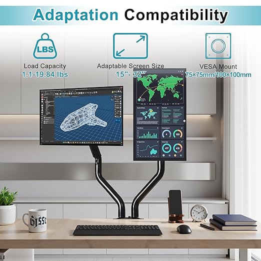 Lyngins Dual Monitor Desk for 15 to 27 Inch Screens Computer Dual Monitor Stand for Desk, VESA Mounting Holes 75 and 100mm, Stand Up to 26.4lbs Monitor Wall Mount, Black