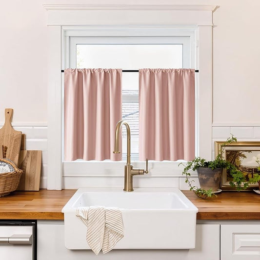 RYB HOME 100% Blackout Bathroom Curtains Over Sink 24 inches Long, Heat & UV Blocking Total Room Darkening Noise Reducing Curtains for Basement RV Campers, Peach Pink, 2 Panels Set