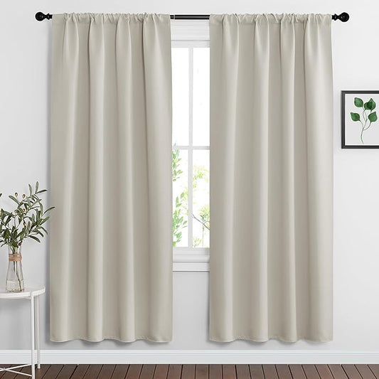RYB HOME Curtains for Bedroom 63 inches Long, Blackout Thermal Insulating Window Treatment Drapes for Living Room Bathroom Basement Laundry Classroom, W 34 x L 63, Natural, 2 Panels