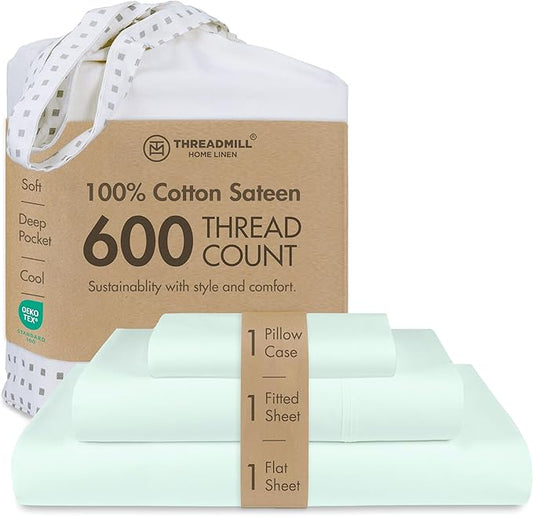 Threadmill Sheets for Twin XL Mattress | 600 Thread Count Twin XL Bed Sheets Set with 15” Deep Pocket | Sateen Weave 3-Piece Bedding Set with Cooling Effect | Seaglass