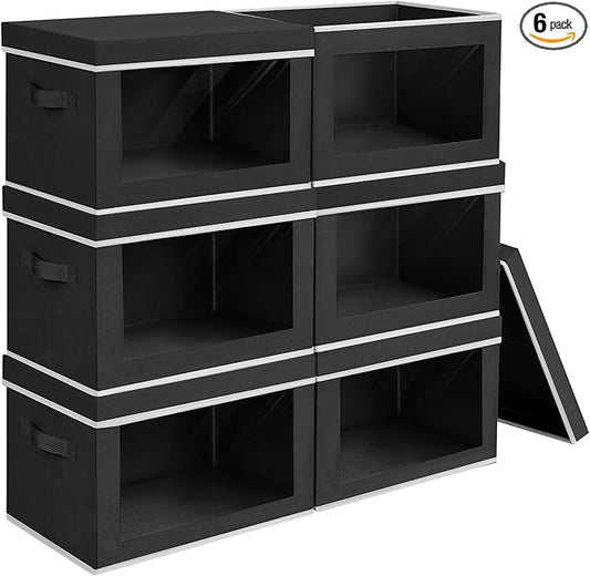 Large Storage Baskets with Lids - Stackable Cube Bins for Closet, 6 Pack Black Windows Organizer Bins, Home Organizers and Storage for Clothes, CD, Towels