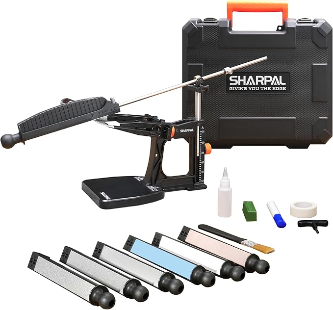 SHARPAL 202H Precision Knife Sharpening System–Adjustable Angle 10–35° Knife Sharpener Kit with 7 Abrasive Plates (Diamond 220/325/600/1000, Whetstone 3000/6000, Leather Strop) and Giftable Carry Case
