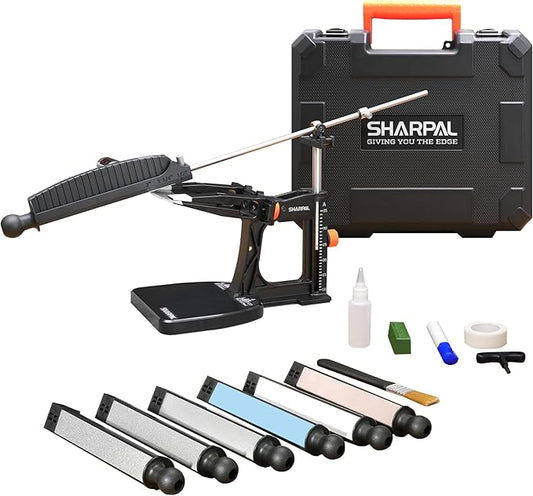 SHARPAL 202H Precision Knife Sharpening System–Adjustable Angle 10–35° Knife Sharpener Kit with 7 Abrasive Plates (Diamond 220/325/600/1000, Whetstone 3000/6000, Leather Strop) and Giftable Carry Case