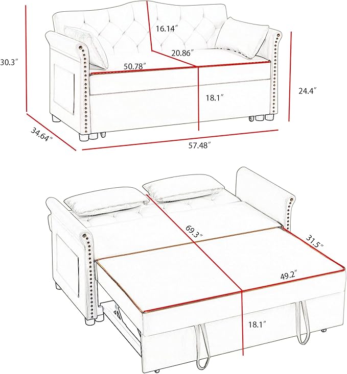 57'' Convertible Sleeper Sofa Bed with Adjustable Backrest, Chaise Lounge,2 Pillows & Side Storage Pockets – Stylish & Functional Furniture for Living Room or Small Spaces (White Sofa Bed)
