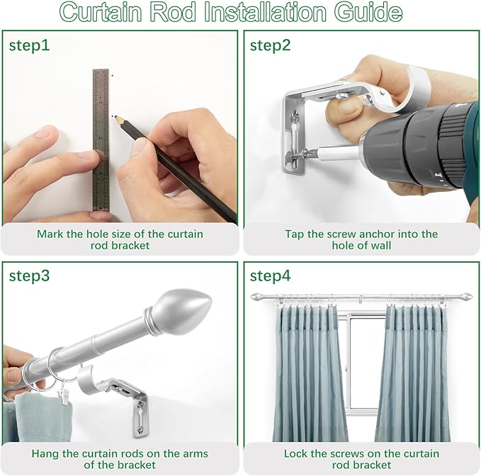 Curtain Rods for Windows 16 to 48 inches, Curtain Rod Max Adjustable Length to 60 in, Drapery Rod 1 inch Diameter with Modern Knobs Finials (Satin Silver, 16" to 48" - Set of 2)