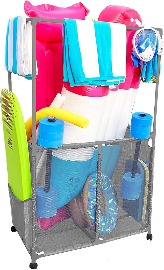 Pool Equipment Holder with Towel Drying Bars, Mesh Rolling Multi Use Storage Organizer Bin, Large Towel Hanger (25" L x 34.5" W x 62.6" H), Gray