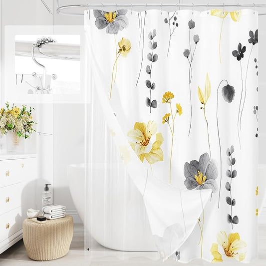 Gibelle 3 in 1 Shower Curtain Set, Yellow Watercolor Floral Bath Curtain and PEVA Liner Set with 12 Double Sided Steel Hooks, Waterproof Fabric Bathroom Curtain 72x72