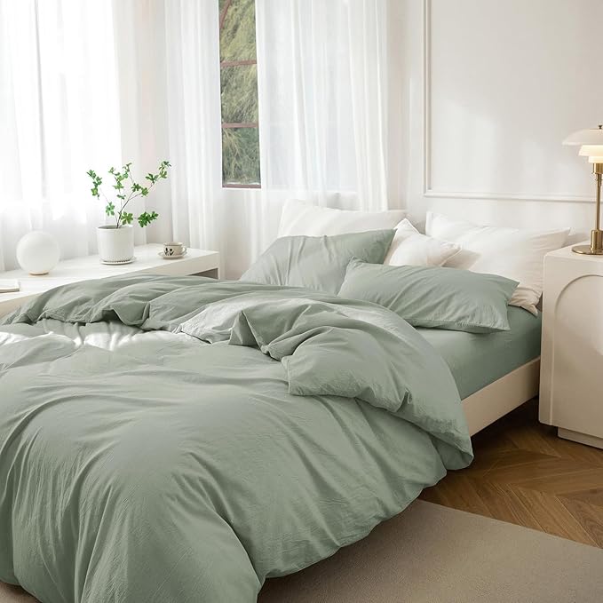 JIYUAN 100% Washed Cotton Duvet Cover Set 3 Pieces King, 1 Duvet Cover 104x90 Inches(Comforter Not Included) and 2 Pillowcases,Linen Feel Bedding Set Comfy and Breathable, Heathered Sage Green
