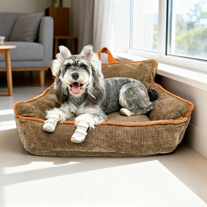 Small Dog Bed, Washable Pet Bed with Removable Cover, with Sides, Carry Handle & Side Pockets .Plush Chenille Orthopedic Pet Bed Couch for Small Breed Dogs & Cats .Calming