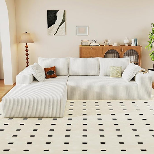 96" Modular Sectional Couch, Boneless L Shaped Cloud Sofa with Chaise Lounge, Corduroy Upholstered Couches Memory Foam Deep Seat, No Assembly Required, Ideal for Living Room(White, Left Facing)