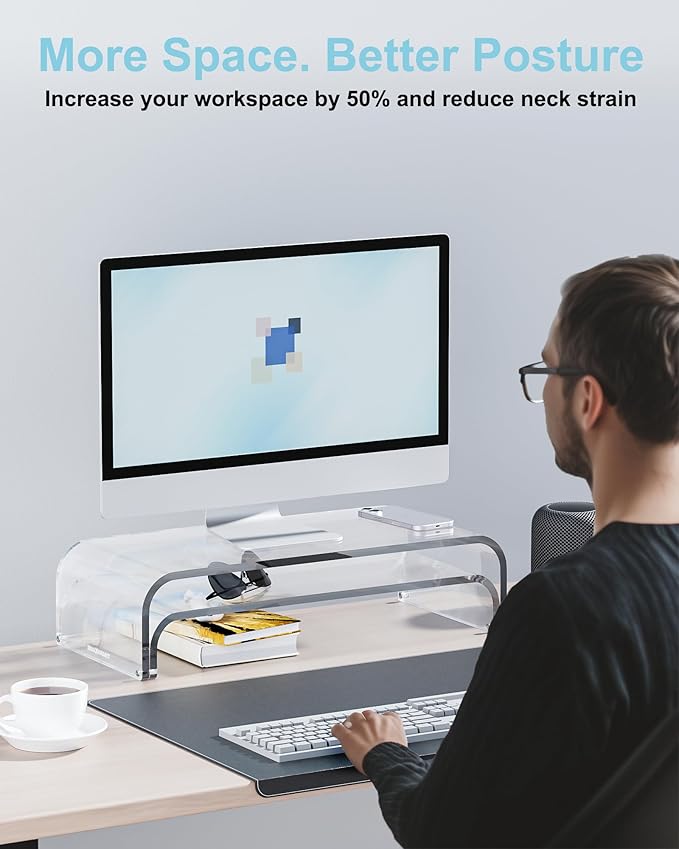 Acrylic Dual Monitor Stand Riser 2 Tier, Modular Laptop Stand for Desk, Multifunctional Desktop Organizer Shelf for PC, iMac, Printer, Detachable Monitor Stand for Office or Home, Clear