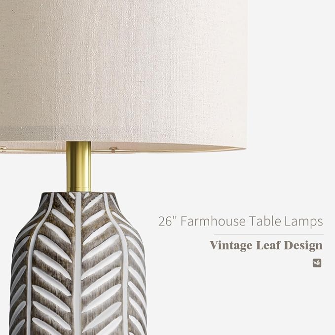 BOBOMOMO 26" Retro Farmhouse Lamps Set of 2 - Vintage Leaf Design, Living Room Lamps with Linen Shades, Rustic Resin Lamp for Bedroom, Living Room, Nightstand, Entryway, Nursery, Wood Grain
