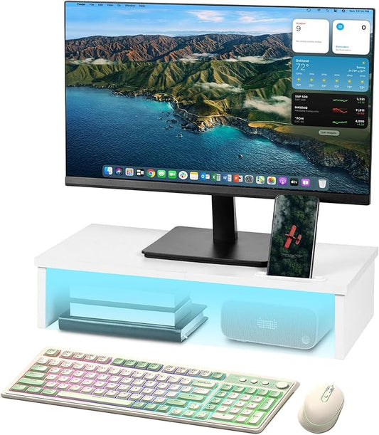 21" Monitor Stand Riser with LED Lights and Phone Holder, Monitor Stand for Desk, Computer Monitor Stand, Desk Shelf for Top of Desk, Desktop Organizer for Laptop, Printer, TV