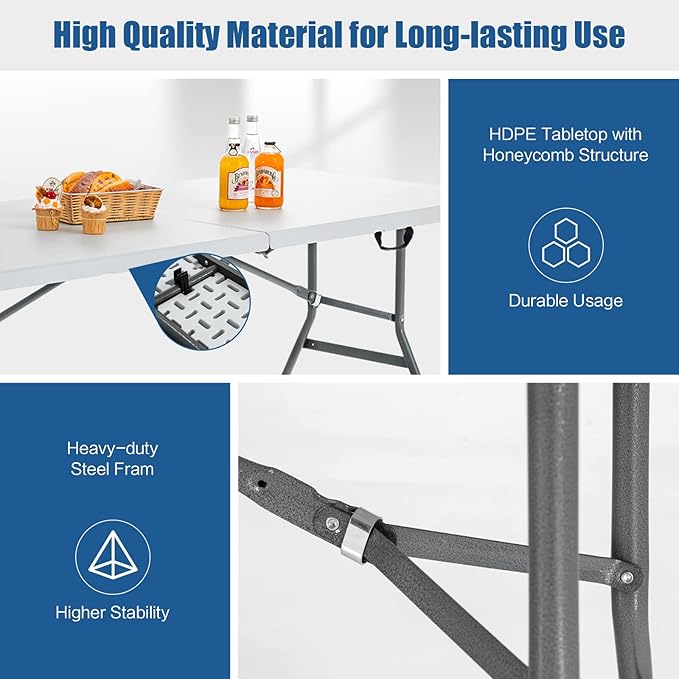 S AFSTAR 6FT Plastic Folding Tables, Indoor Outdoor Heavy Duty Camping Table with Carry Handle, 330 LBS Load Capacity, Easy Fold Up Rectangle Table for Picnic Camping Beach BBQ, No Assembly, White