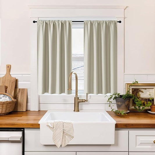 RYB HOME 100% Blackout Short Curtains for Small Window, Thermal Insulated Total Room Darkening Noise Reducing Curtains for Basement Bathroom Basement, 29 inches Wide by 45 inches Long, Natural