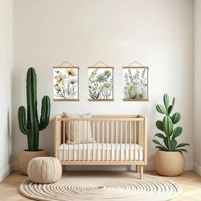 Hanging Botanical flowers Wall Art Set of 3, Watercolor Sage Botanical Plant Floral Canvas Prints Wall Decor, Boho Minimalist Poster Print Artwork for Living Room Bedroom Bathroom Home Decor 12x16In