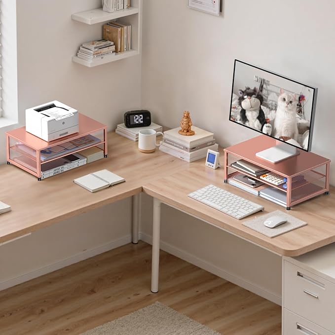 Desk Organizers and Accessories, 2-Tier Metal Computer Monitor Stand Riser, Desk Organizer for Monitor, Printer & Laptop Stand, Desktop Workspace Organizers for Office Supplies(Rose Gold)