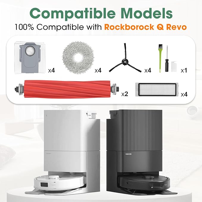 21PCS Accessory Kit for Roborock Q Revo Robot Vacuum Cleaner Replacement Part【Not for Qrevo S/Pro/Plus/MaxV】2 Main Brush, 4 Filter, 4 Mop Pad, 4 Side Brushes, 4 Dust Bag, 3 Cleaning Tool