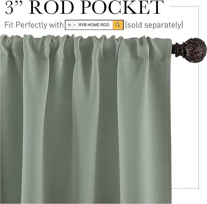 RYB HOME Grayish Green Short Curtains Blackout, 30 inch Durable Cafe Curtains Room Darkening Window Drapes Privacy Protection for Basement Closet Kithen, W29 x L30 inch, 2 Panels