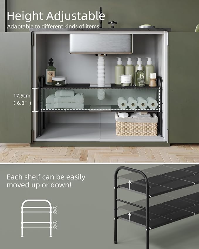 NETEL Under Sink Organizers and Storage, 2 Tier Expandable Under Cabinet Organizer Shelf with 8 Removable Panels,Expandable Shelf for Cupboard,Kitchen,Bathroom,Shoe Storage Rack